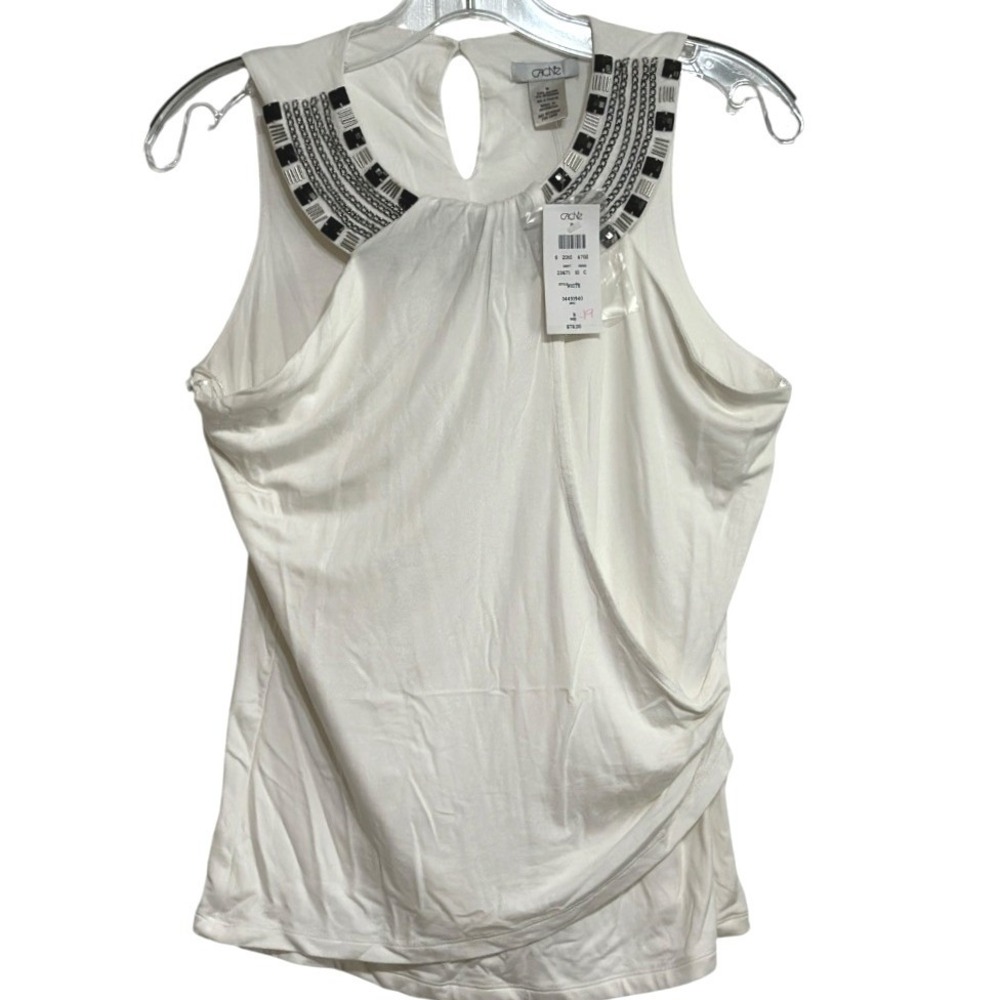 Cache Tank Top Women White Embellished Chain Draped Front Keyhole Y2K Chic M